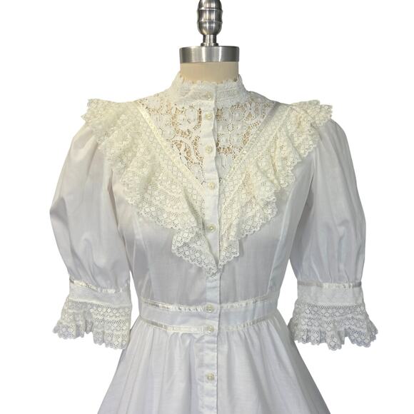 Gunne Sax Vintage 70s White Lace Midi Dress Size 11 M Edwardian Wedding Cotton - Picture 3 of 11